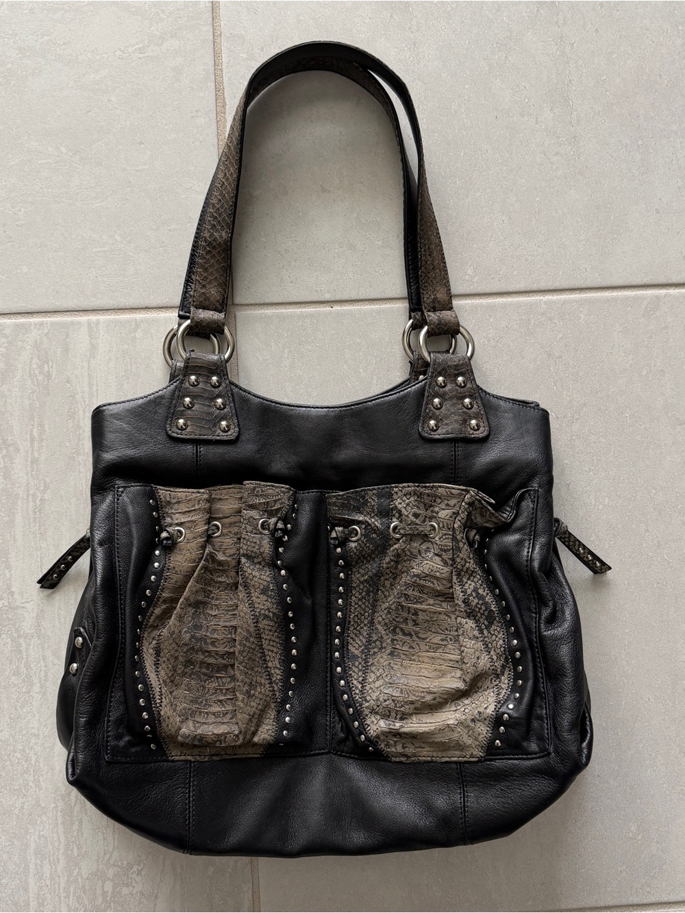 Black and Taupe Studded Shoulder Tote